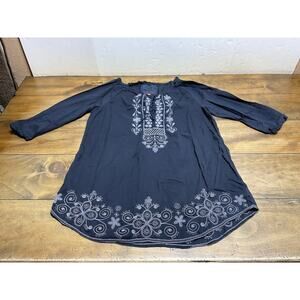 Johnny Was 3J Workshop Black Embroidered Tunic Size M Black Button Down Cotton
